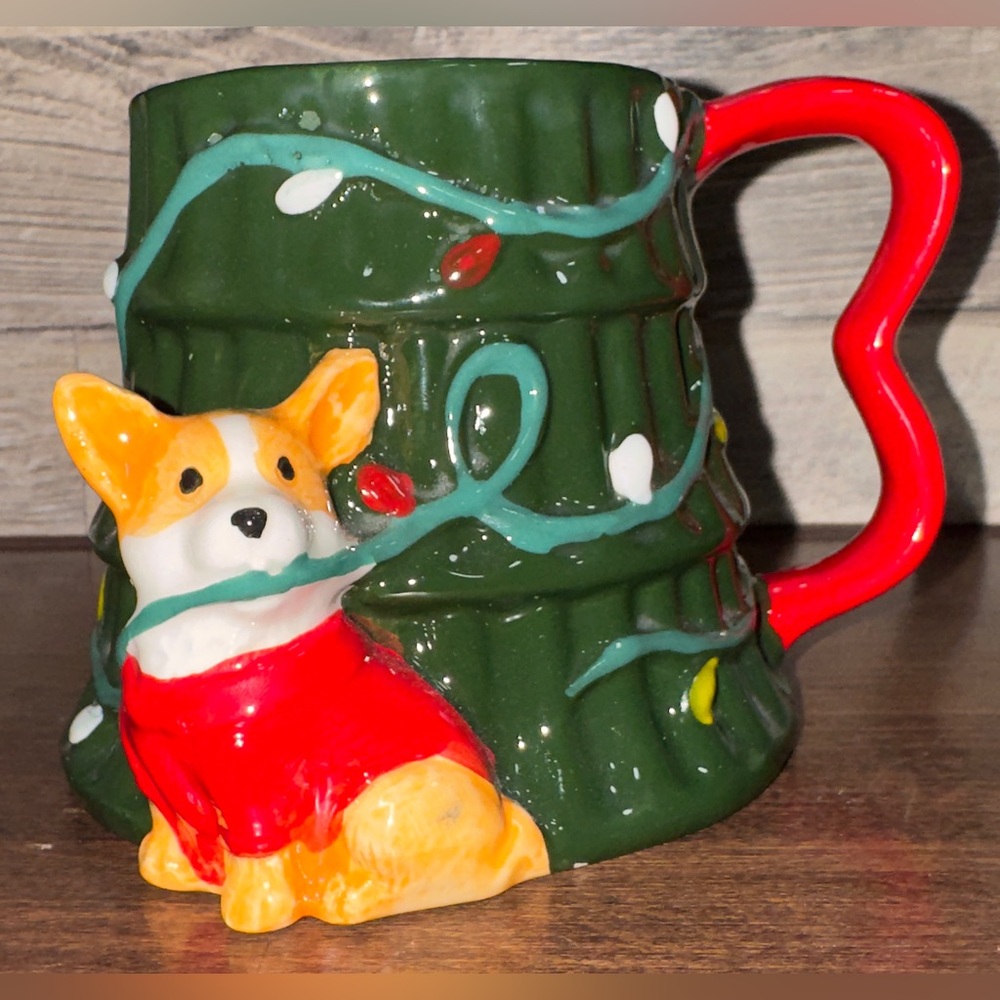 Super Cute 🥰 Festive Christmas Corgi Christmas tree wrapped in string lights mug